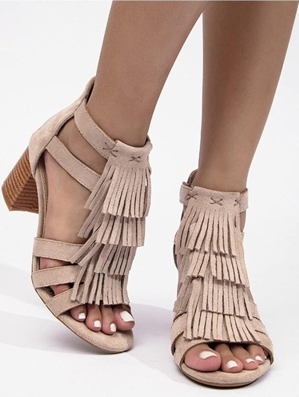 NEW  VEGAN Fringe Block Heel Sandals - Taupe SZ 11